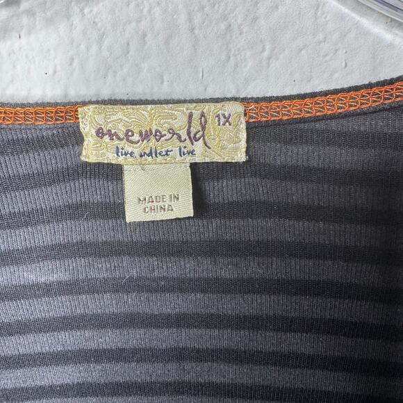 One World Halloween Top Shirt 1X Black Striped Rhinestone‎ Cats Bats Pumpkins - Picture 2 of 7